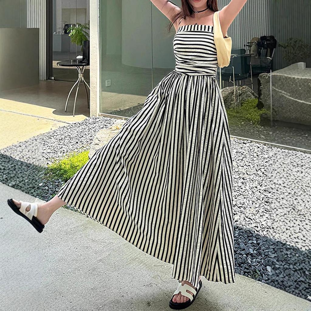 Women Black and White Striped Strappy Maxi Dress