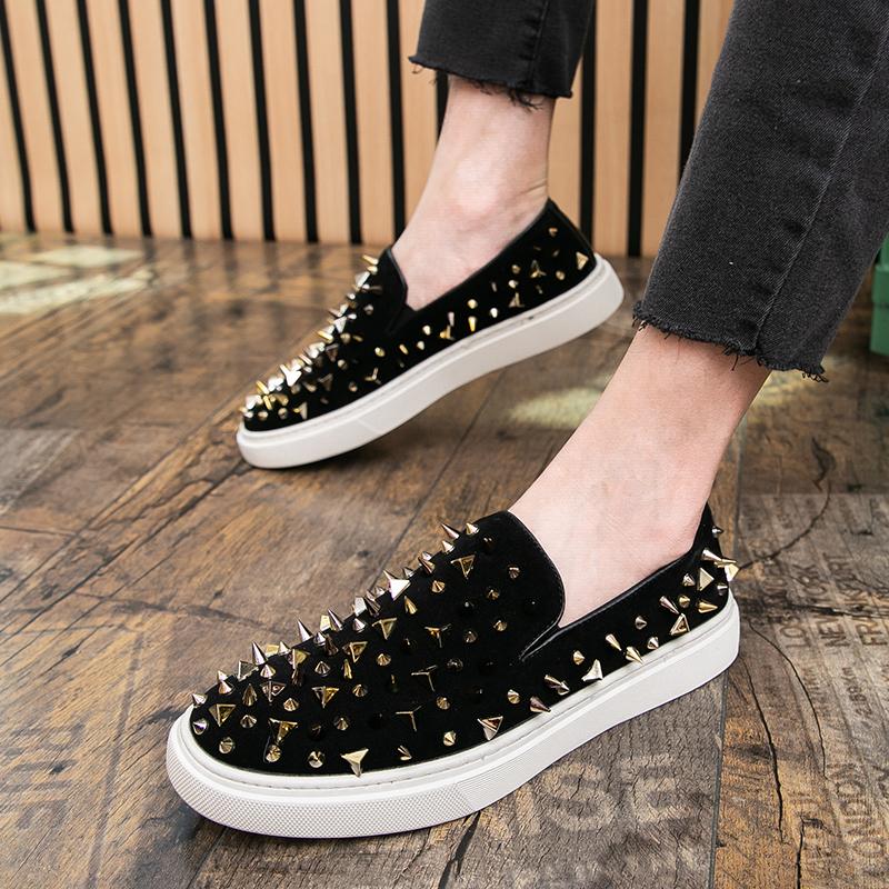 Fashion Trend New Men's Gold Slip On Punk Rivet Loafter Leisure Leather Shoes Male Comfortable Sneakers Tenis Masculino Zapatos Hombre
