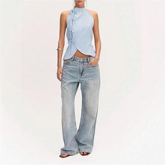 European & American Women's Asymmetrical Hem Striped Front-Tie Strapless Backless Tank Top