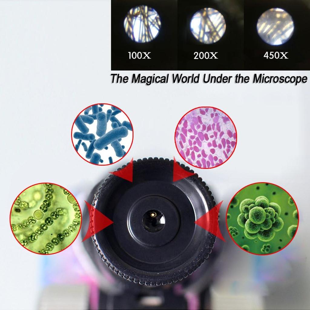 Kids Microscope, 450x, 200x, 100x Magnification Children Science Microscope Kit with LED Lights Includes Accessory Toy Set for Beginners Early