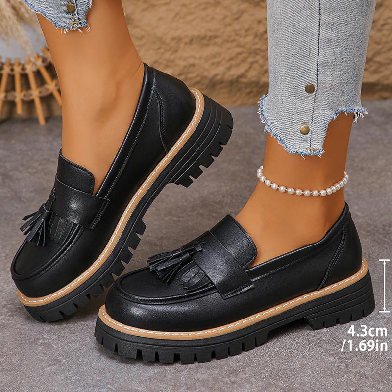 Tassels Bright Black Chunky Platform Loafers Women British Style Patent Leather Thick Sole Pumps Plus Size Uniform Lolita Shoes