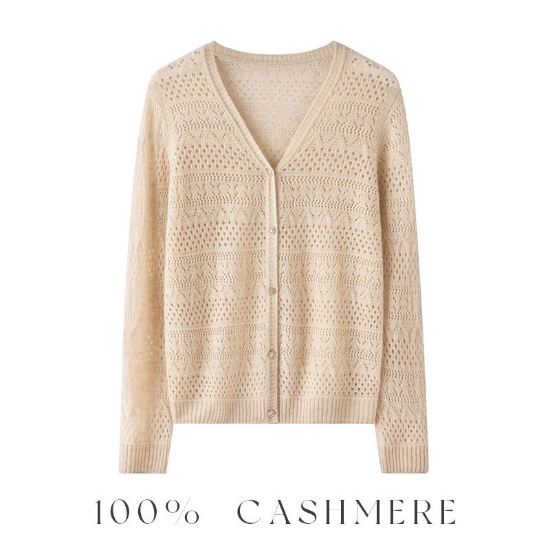 Elegant Women's Cashmere V-neck Cardigan with Hollow Out Design for Autumn/Winter