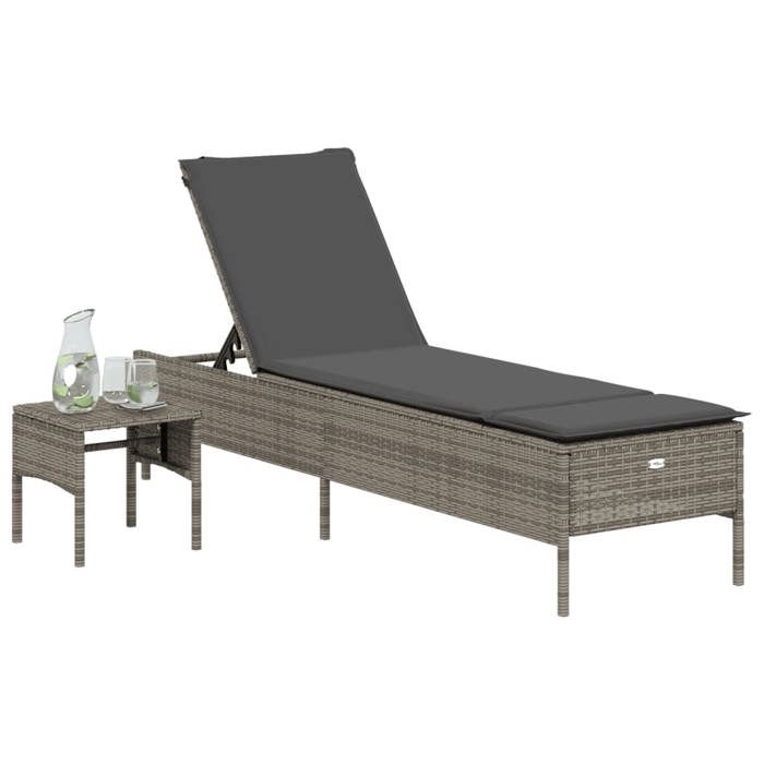 VidaXL Chaise Longue with Table and Cushion Grey Braided Resin, Sunbed, Garden Daybed, Outdoor Furniture, Chair 4002730