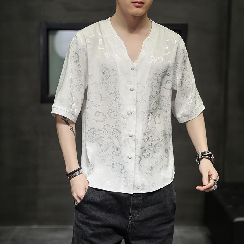 

2024 Новая летняя рубашка с коротким рукавом из ультратонкого ледяного шелка в китайском стиле с темным цветочным принтом, оверсайз, свободная, повседневная мужская футболка в стиле China-Chic L