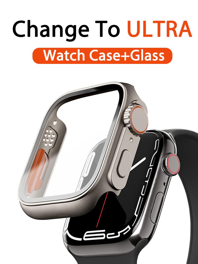 PC Firm Cover for Apple Watch Case 45mm 41mm 44mm 40mm Glass Appearance Upgrade 49mm Turning Into iWatch 8 7 SE 3 6 5 4 Ultra