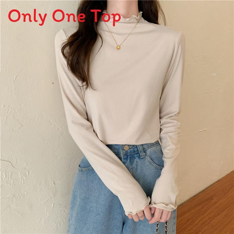Spring Autumn Winter Knitwear T Shirt For Women With Wood Ears Trim And Half High Neck In Soft Fabric