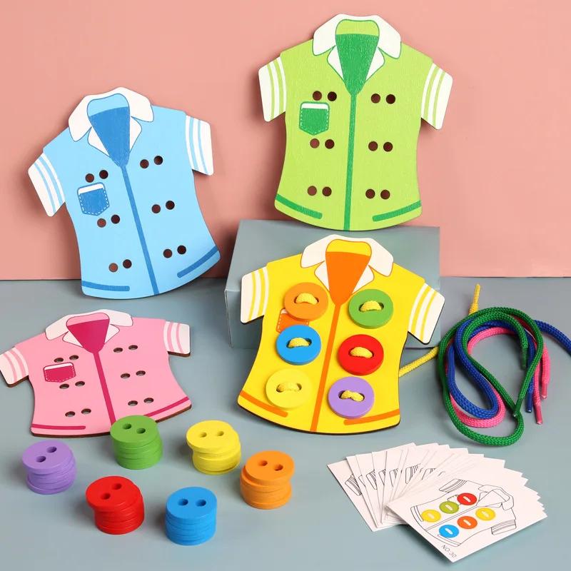 4pcs/set Wooden Clothes Wearing Rope Handmade Threading Game Montessori Educational Toys Kids Hand-eye Coordination Training
