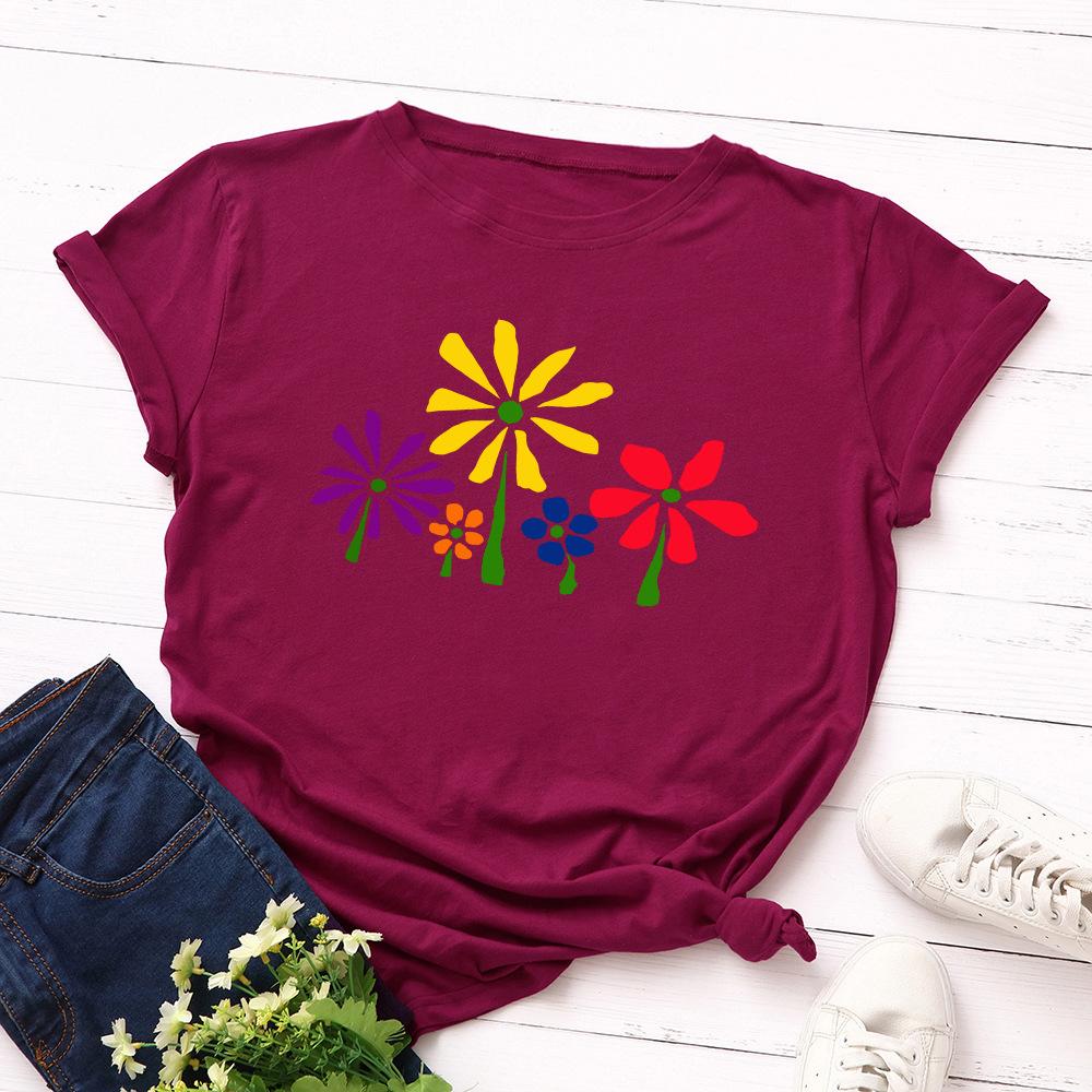 

Little Flowers Cotton T-Shirt Short Sleeve Round Neck Women 2d Print Tops 3XL бордовый