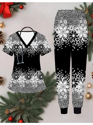 3D Geometric Pattern Printed Women's Nurse Uniform Set Short Sleeve Long Pants with Pocket Casual Fashionable Christmas Gift