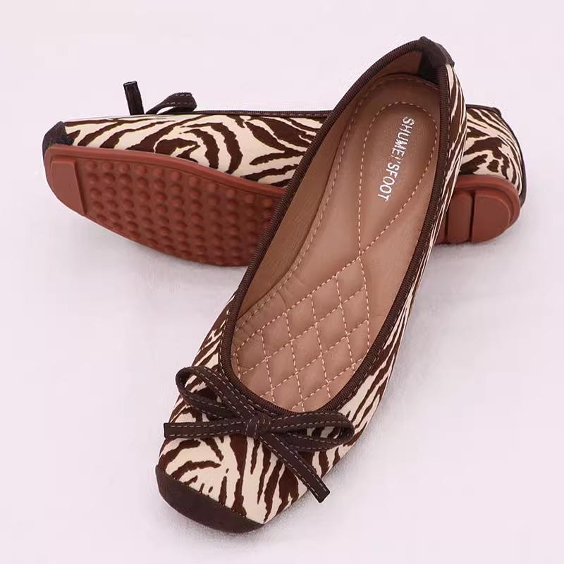 Fashion Flat Shoes for Women Spring Autumn 2025 New Bow Square Toe Leopard Zebra Print Plus Size Women's Shoes Loafers Ladies Shoes