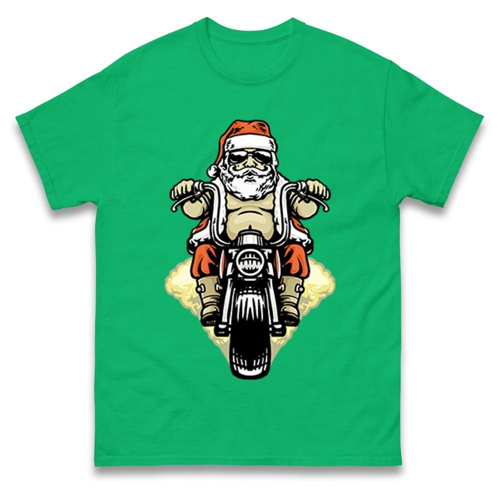 Santa Biker Christmas Tshirt Funny Cool Motorbike Rider Xmas Family Tee Top