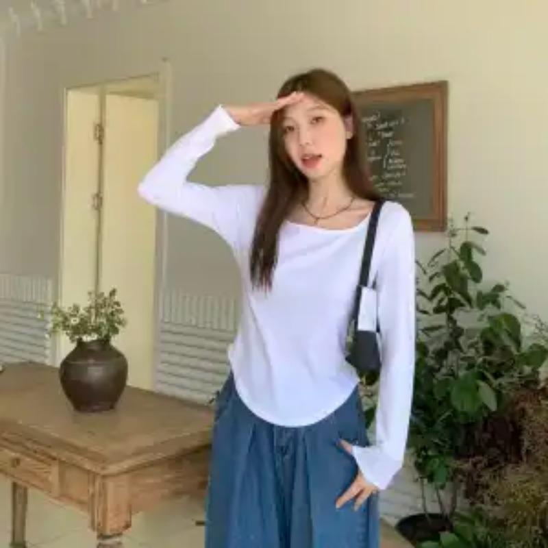 

Жіноча футболка з довгим рукавом Осінь Нова Модна Повсякденна Приталена Топ Гарячої Дівчини з Відкритим Правим Плечем і Закритим Животом M білий