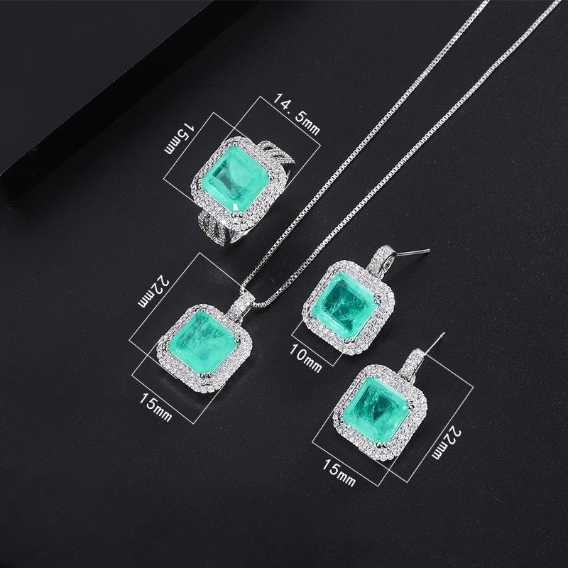 Micro-set Diamond Simulation Emerald Paraiba Square Stud Earrings Pendant Women's Jewelry Ring