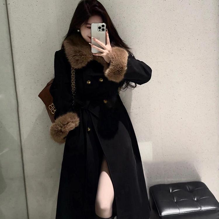 

Черное плюшевое шерстяное зимнее пальто средней длины XL