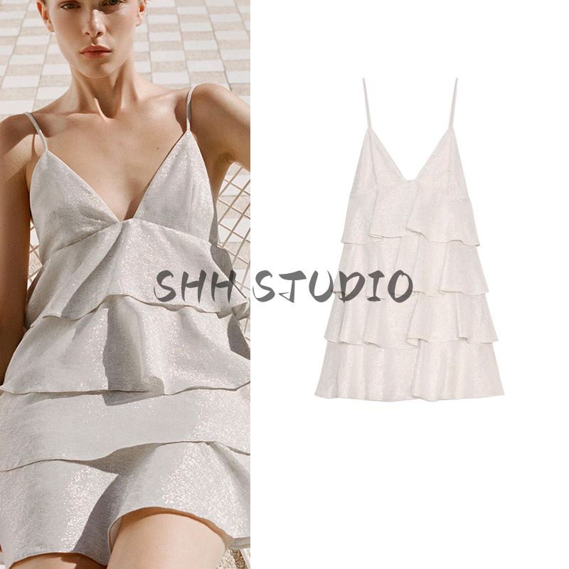 Summer Women's Metallic Thread Patchwork Lining Laminated Decoration V-neck Strap Short Dress 4661344