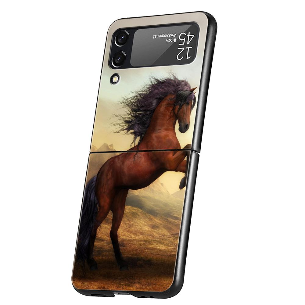 Luxury Phone Case For Samsung Galaxy Z Flip 3 4 5 6 Hard Black Folding PC For Samsung Z Flip3 Flip4 Flip5 Cover Horse Animal