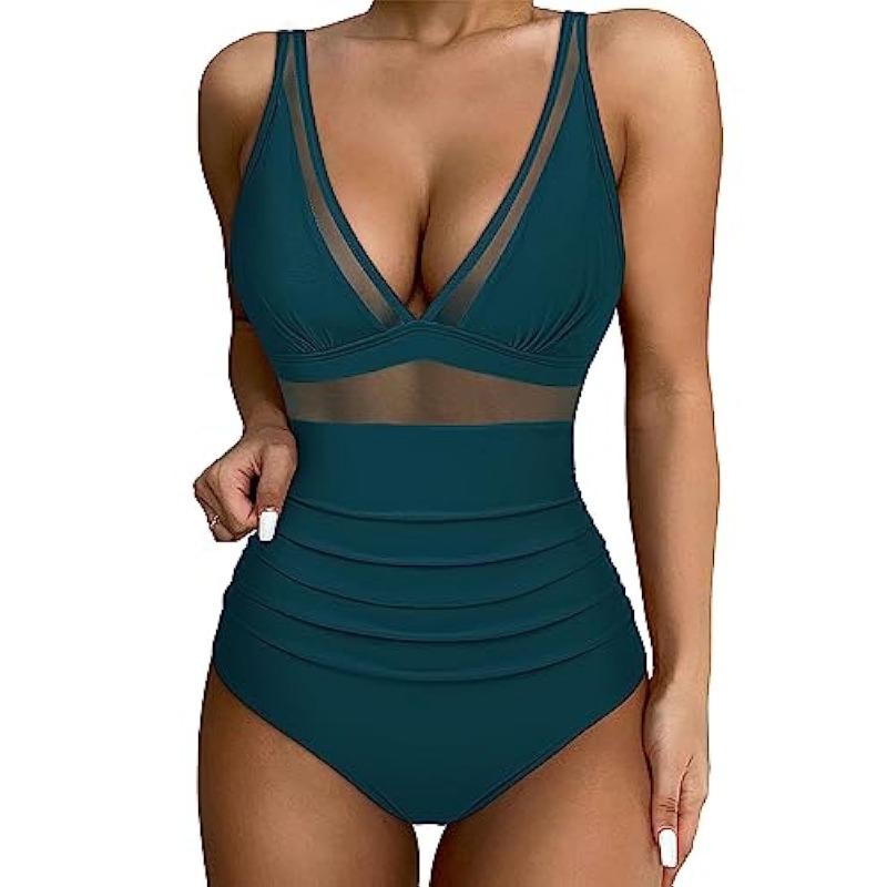 Dámské jednodílné plavky s dutou síťovinou a hlubokým řasením do V