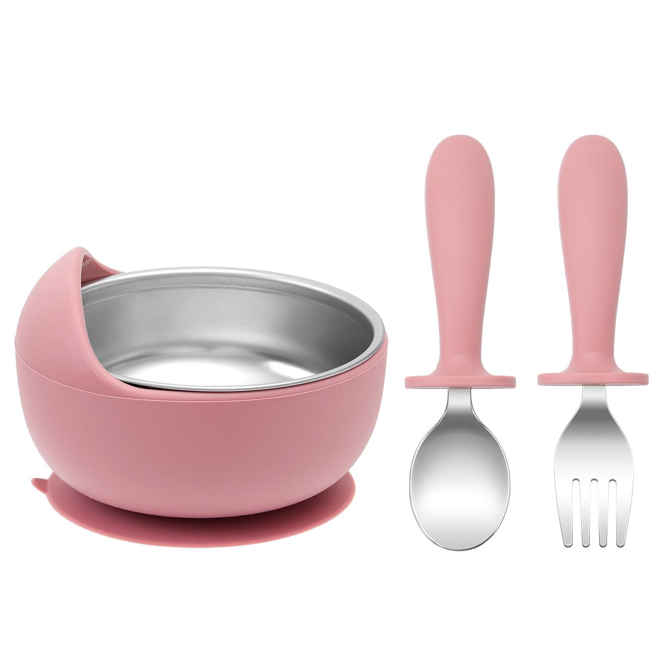

Color Kids 3PCS Stainless Steel Silicone Feeding Set Detachable Suction Bowl Self Feeding Utensils BPA Free Training Fork Spoon