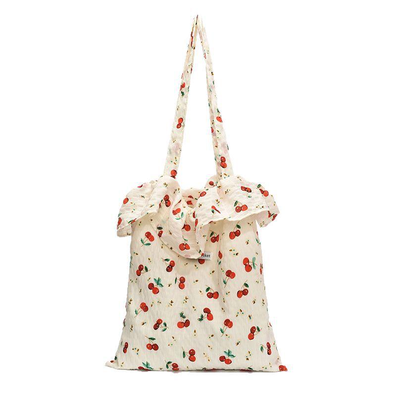 Spring and summer new mesh cherry floral large-capacity shoulder bag fairy wind chiffon lotus leaf edge portable tote bag