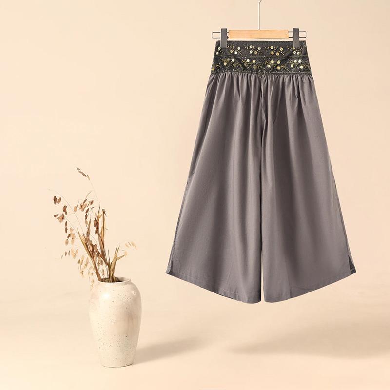 Hemp Wide-legged Pants Women Thin Simple Elastic Waist Versatile Casual Pants Seven Pants