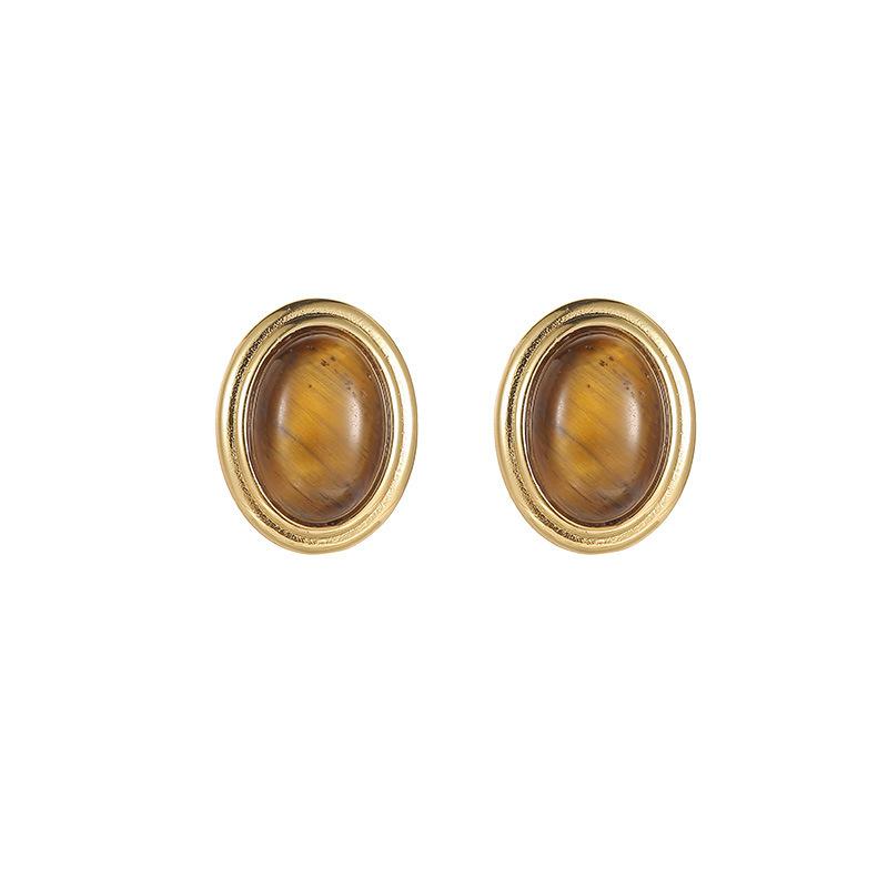 Maillard color oval tiger's eye stone stud earrings women's light luxury niche high-end sense relaxed tide earrings unique autumn and winter earrings