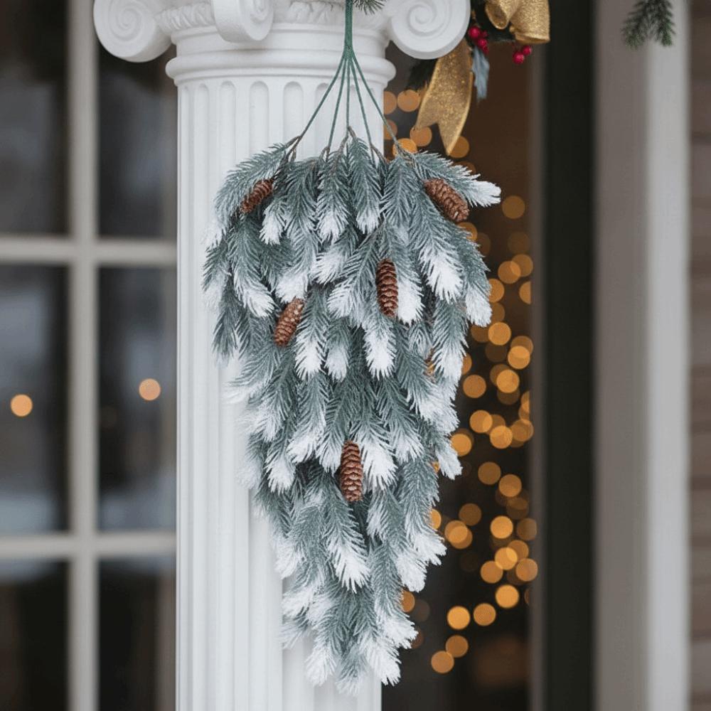 Simulated Artificial Christmas Pine Branches Hanging Snowy Norfolk Pine Needles Outdoor