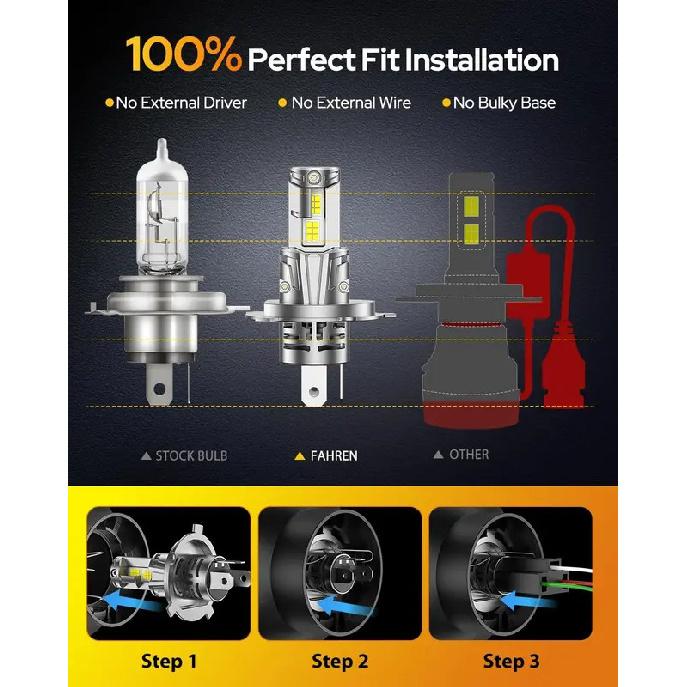 2PCS H4 LED Light Bulbs,9003 Headlight High/Low Beam Driving,Fog & Spot Lights with 50000 RPM Turbo Fan,6500K IP68 Waterproof