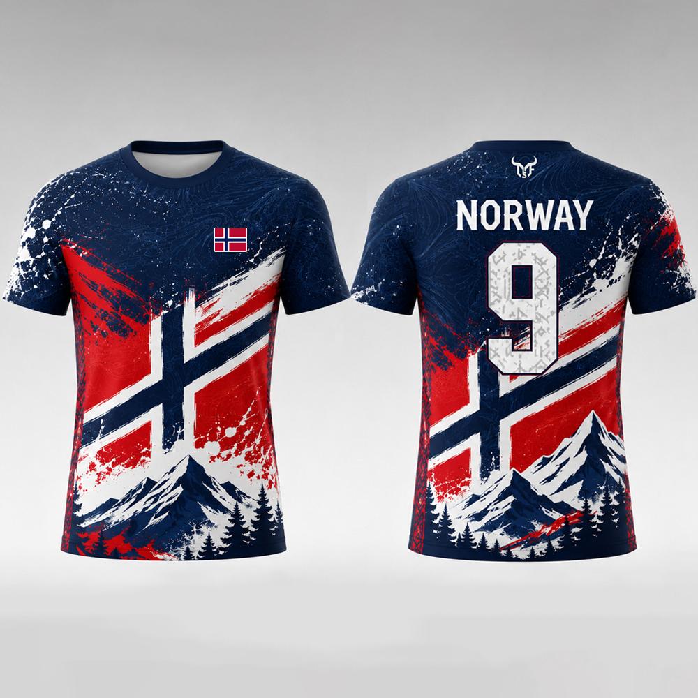 Huiteng13 Nieuw Noorwegen Vlag Print Voetbal T-shirt Sneeuwberg Patroon Ademend Trainingsshirt Unisex Sport Sneldrogend Casual Ronde Hals Top 4XL