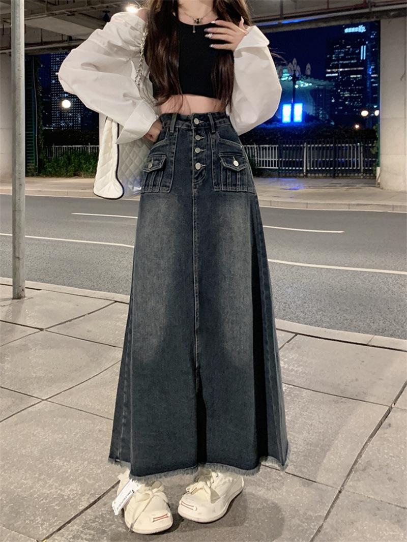 Women s High Waist A-Line Midi Skirt Loose Fit Office Commuter Solid Color Denim Skirt S