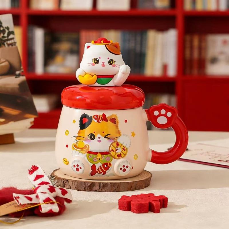 Chinese Style Lucky Cat Mug With Lid High Value Ceramic Cup Gift Water Cup Creative Gift Box Cup Girl