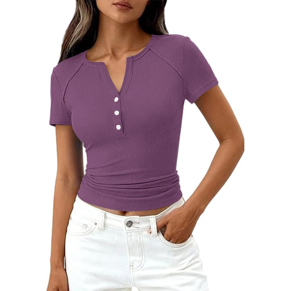 Damenmode Lässig Farbe Neu Kurzarm Dekorative Knöpfe V-Ausschnitt T-Shirt Top