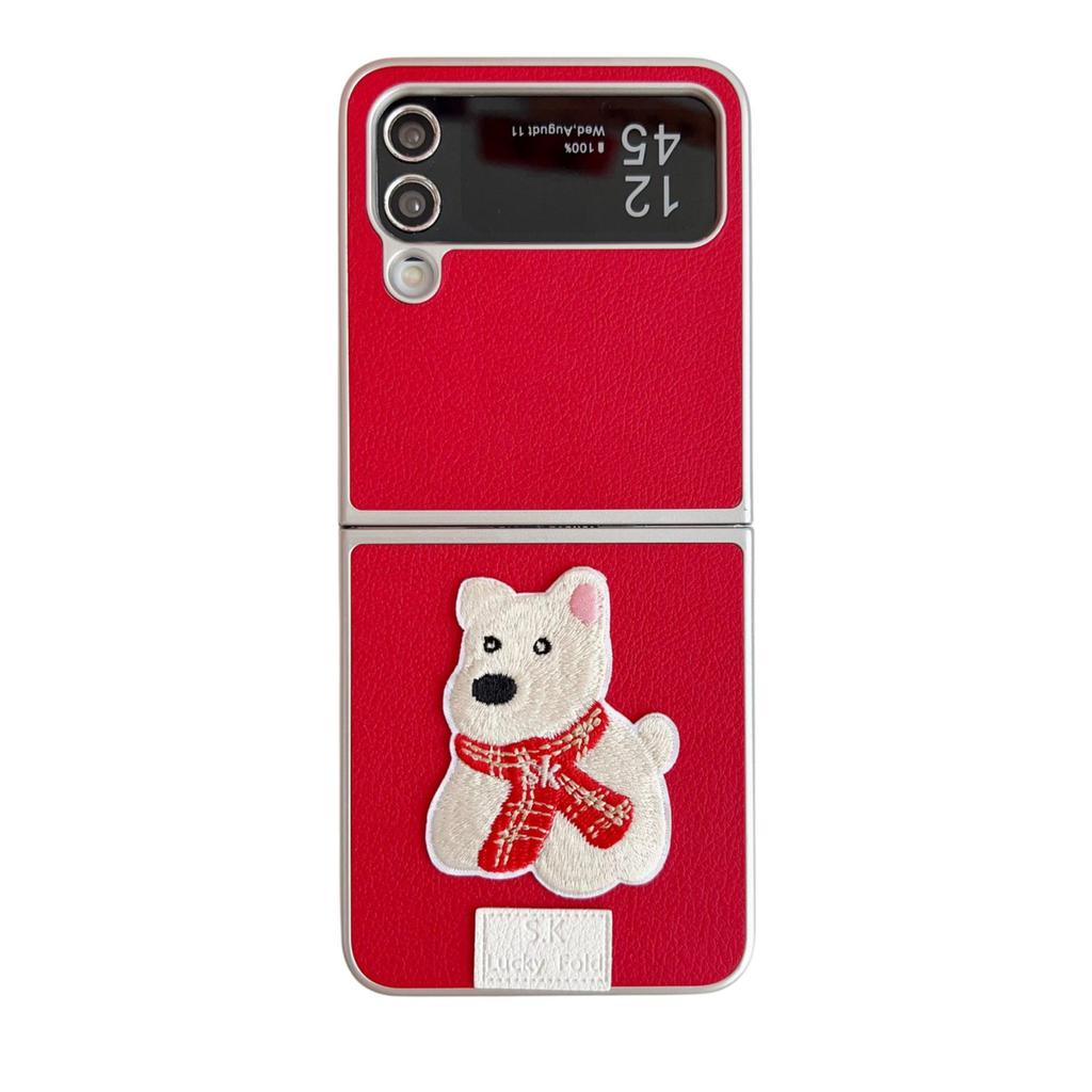 Pouzdro na telefon Samsung Z Flip 3-7 s texturou kůže, vyšívaným šátkem a motivem štěněte