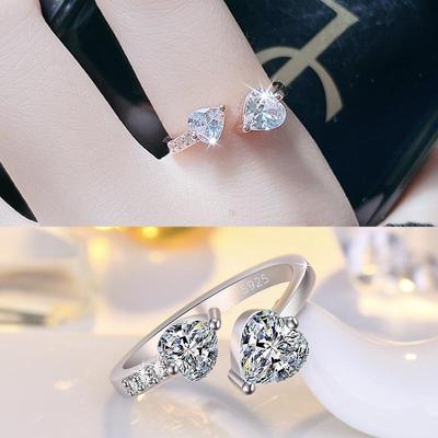 New Korean Luxury Double Heart Diamond Open Ring for Women
