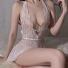 Ropa Interior Sexy Blanca Sin Entrepierna Mujer Encaje Hueco Conjunto de Sujetador Disfraz Erótico Teddy Vestido Baby Doll Profundo V Sujetador Abierto Conjunto de Lencería Porno