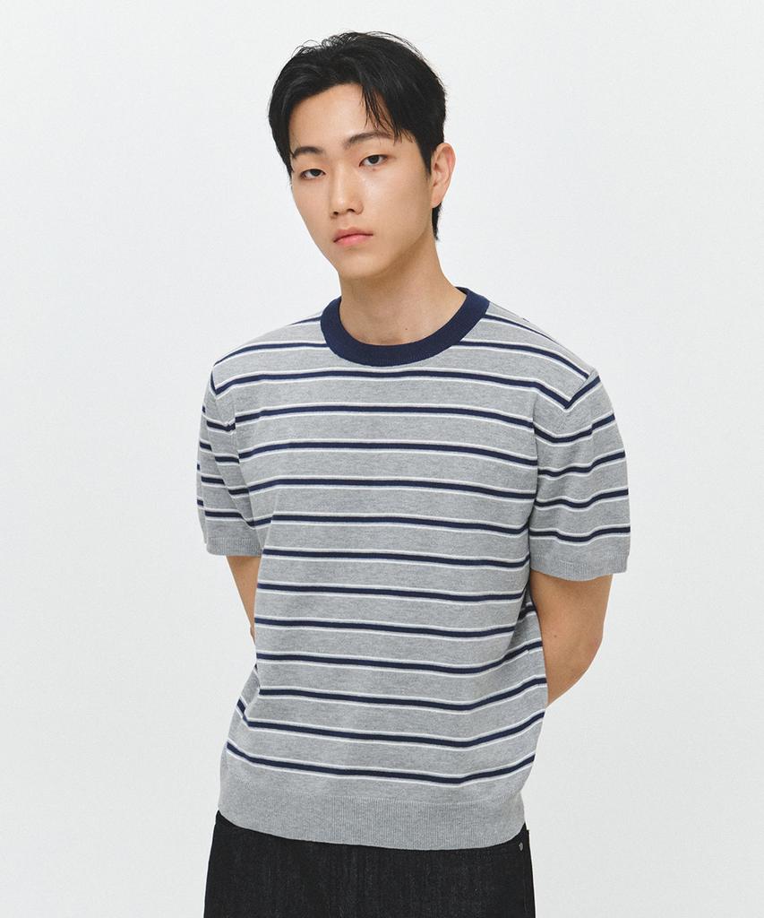 ECORR Multi-Stripe Ringer Crop Short Sleeve Knit_Gray