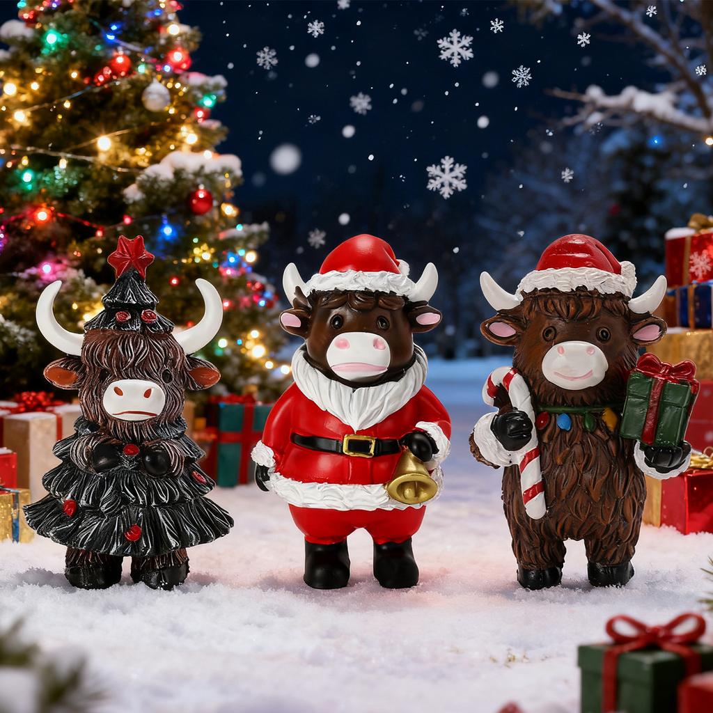 3PCS Highland Cow Ornament Scottish Christmas Tree Decoration Cattle with Kilt Santa Hat Scotland Souvenir Holiday Home Decor