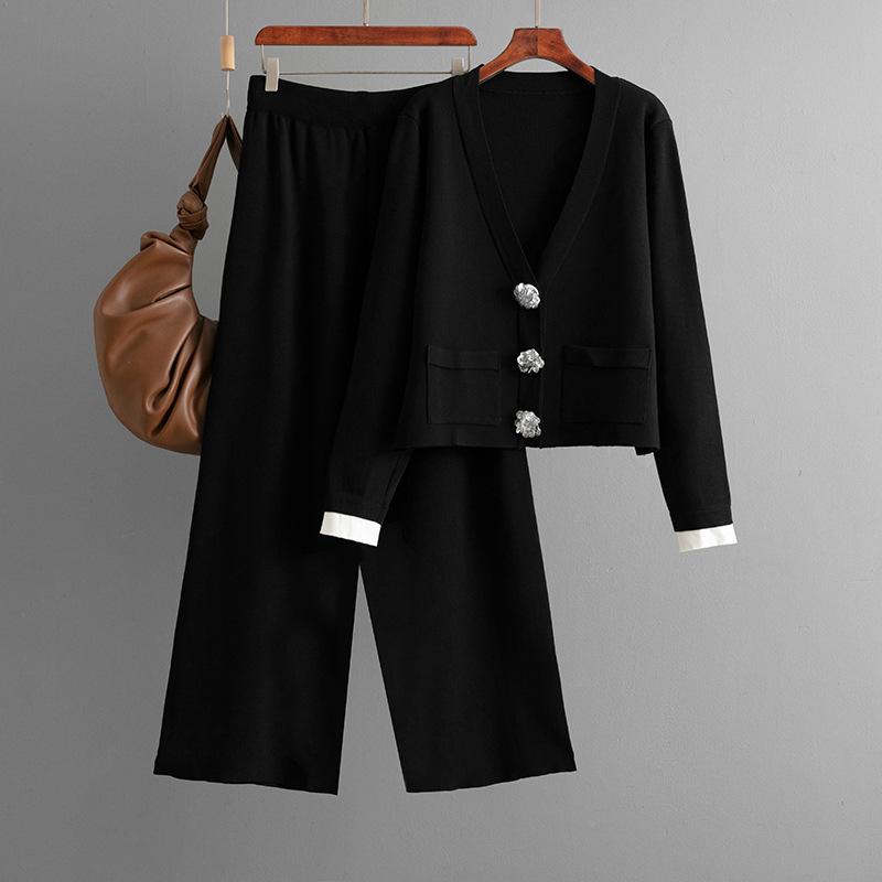 

Осенне-зимний модный комплект Женский ароматный вязаный кардиган Топ Повседневные широкие брюки Комплект из двух предметов OneSize