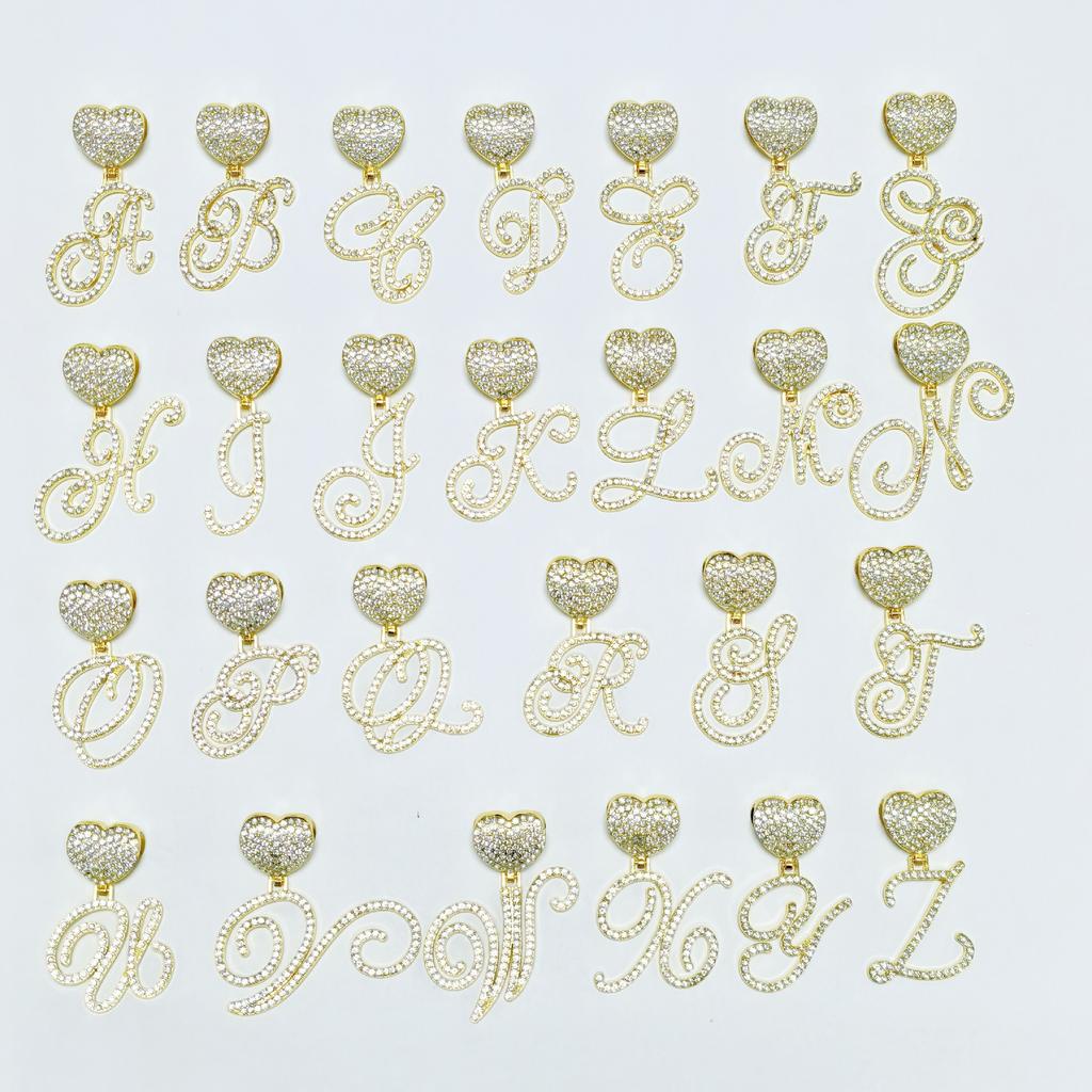 Reasonable Price Hiphop Heart Big Gold Zircon Cursive Letter Pendant Cuban Link Ice Chain Heavy Necklaces for Women with Clasp