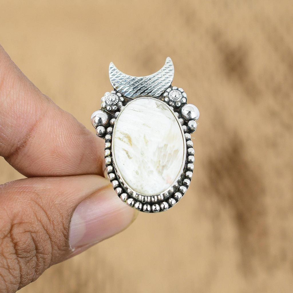 925 Silver Oval Natural Scolecite Unique Cresent Moon Wedding Wife Promise Ring