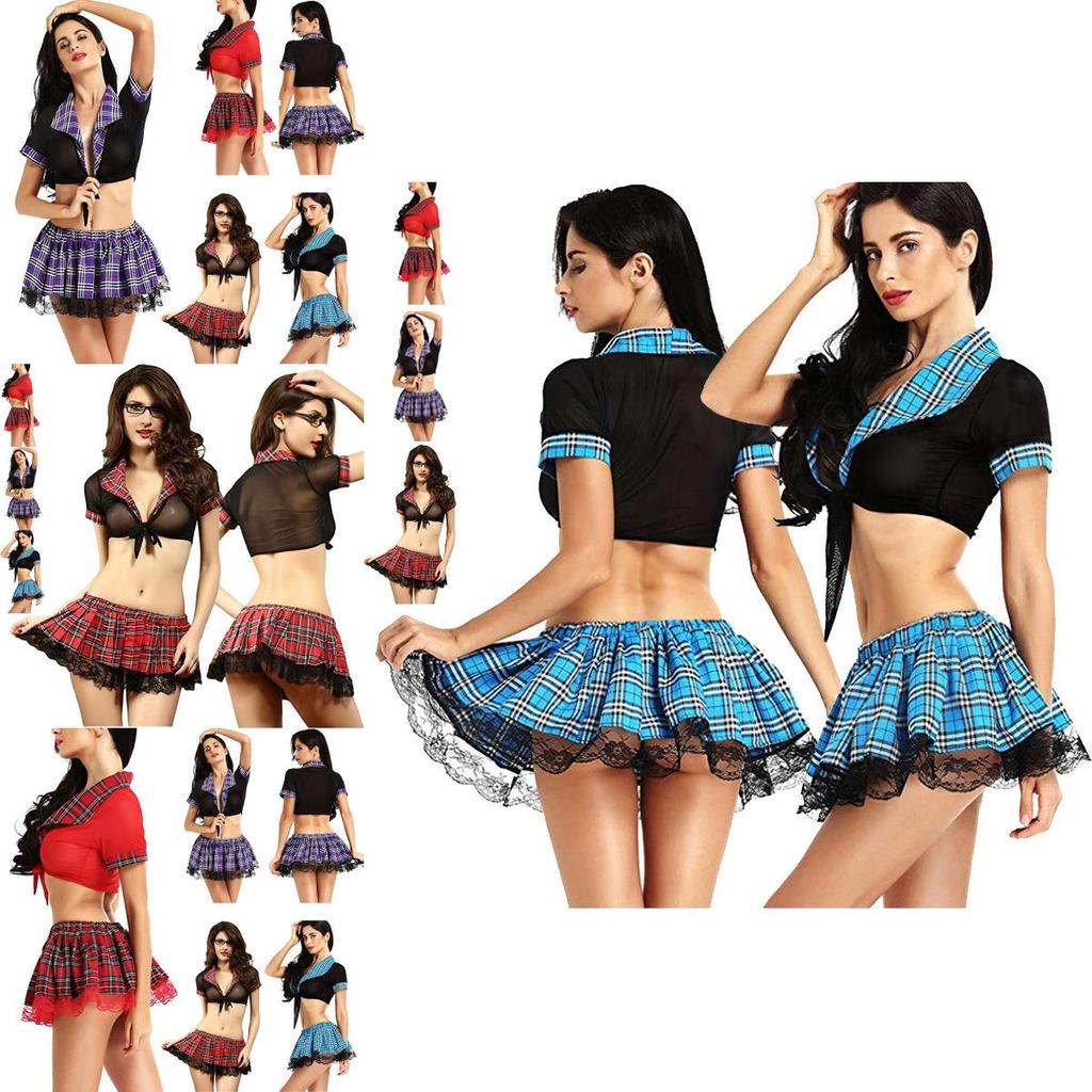 Stylish Women Sexy Costume Lingerie Student Uniform Set With Lace And Lattice Design