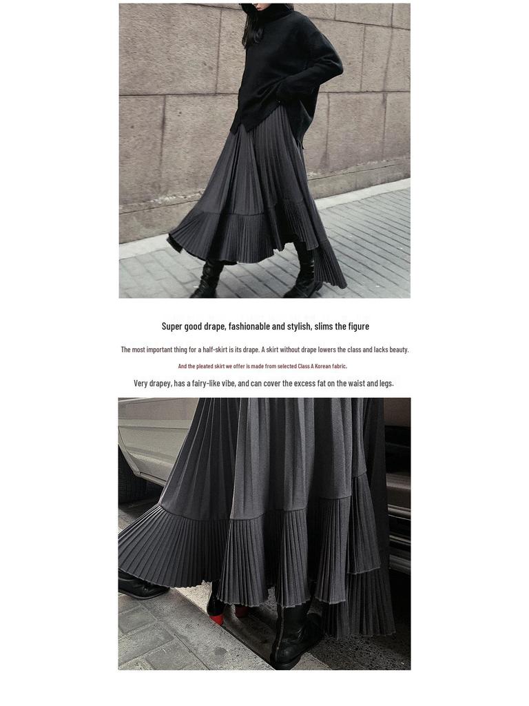 Autumn/Winter 2025 Women's High-Waisted Black Fishtail Pleated Mid-Length Skirt with Irregular Hem