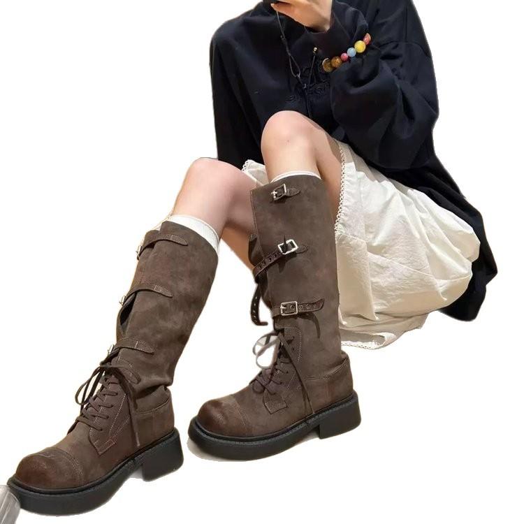 Cowhide version~ Frosted leather boots for women, loose leather belt buckle knight boots, but two boots for women