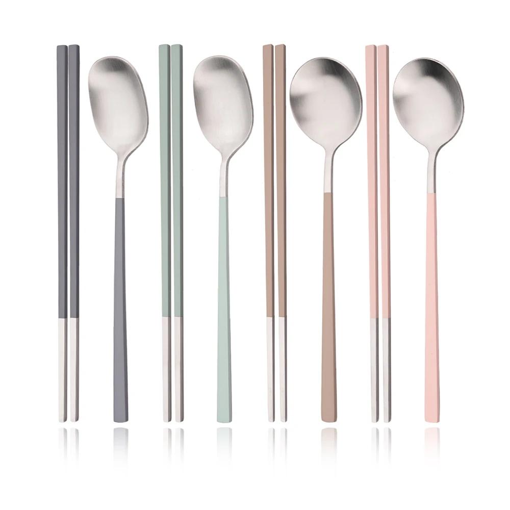 Stainless Steel Matte Cutlery Set Sushi Sticks Dinner Spoons Set 8Pcs Dinnerware Korean Chopsticks Dessert Spoon Flatware Set
