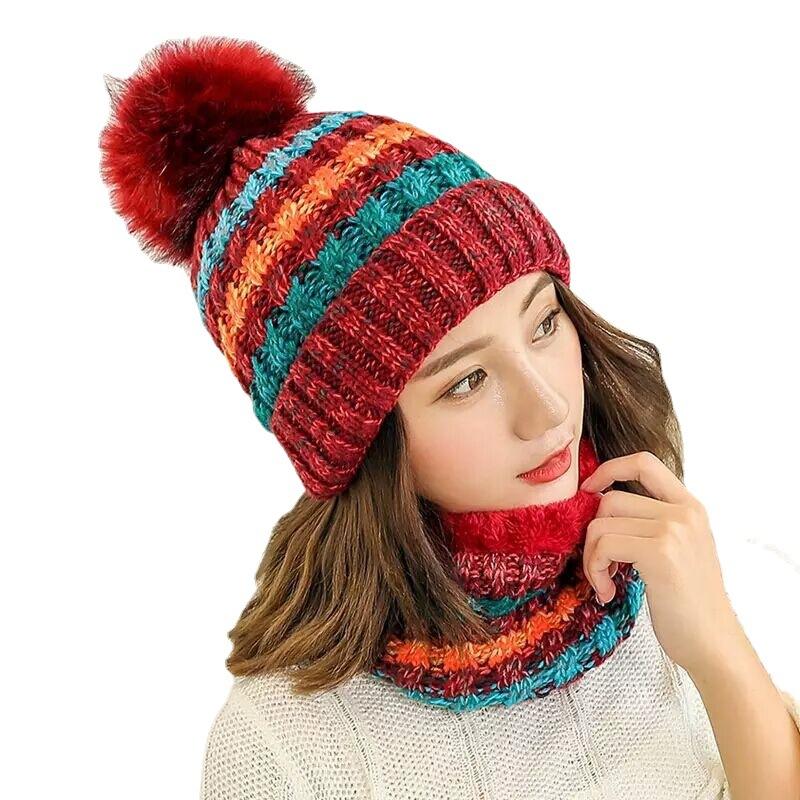 Hat Ladies Winter Trendy Autumn Winter Cute Versatile Knitted Mask Scarf Fleece Cycling Ear Protector Wool Cap