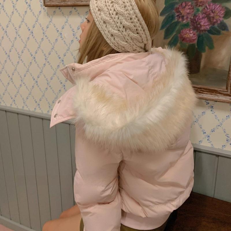 2KWEIRD Winter New Fur Collar Pink Cotton Women Hooded Jacket Harajuku High Street Cold-proof Thick Cotton Jacket