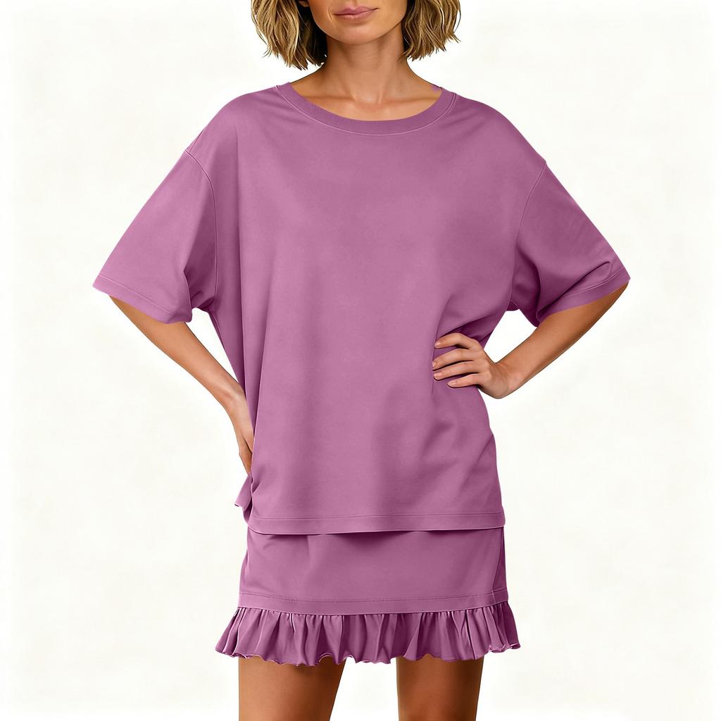 Women's Fashion Solid Color Round Neck Short Sleeved Top And Skirt Two-piece Casual Set