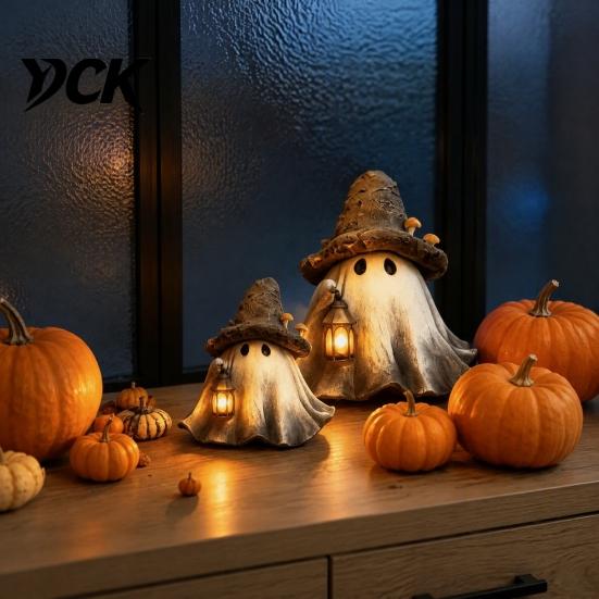 Atmosphärische Halloween-Partyartikel Geist Hexenhut Harzfigur mit LED-Laterne, Vintage Hexe Dekorative Laterne für Spukhaus Halte-Lampe