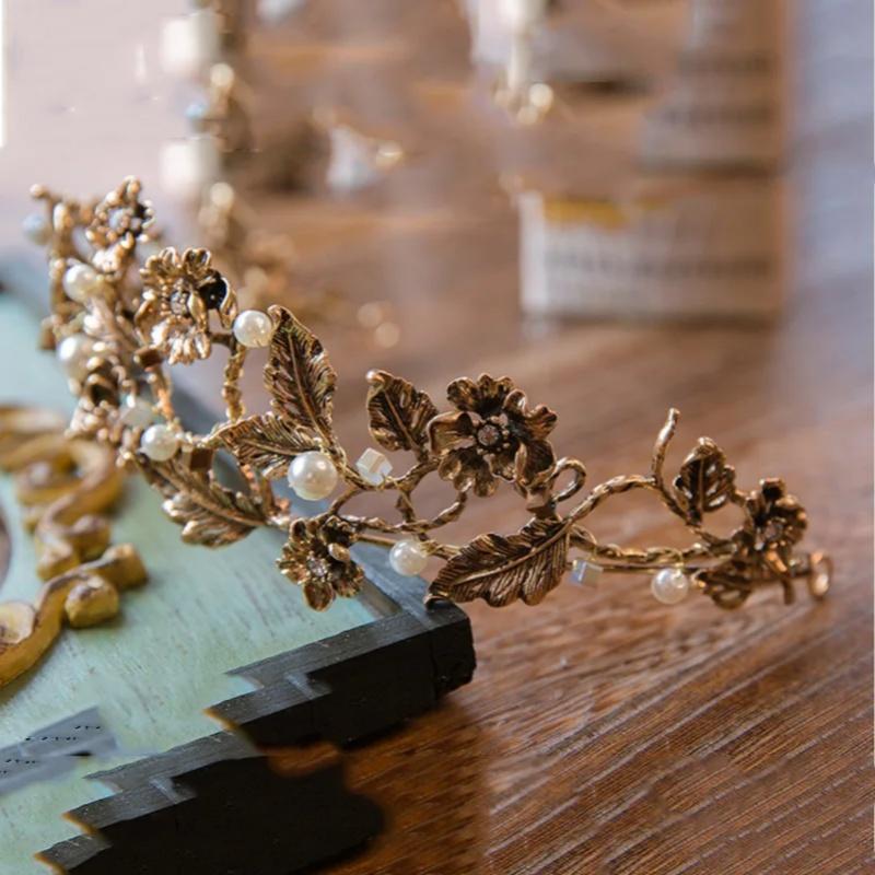 Vintage Barock Gold Farbe Perle Blatt Braut Tiaras Kristall Krone Haarbänder Rebe Tiara Hochzeit Haarschmuck Braut Stirnband