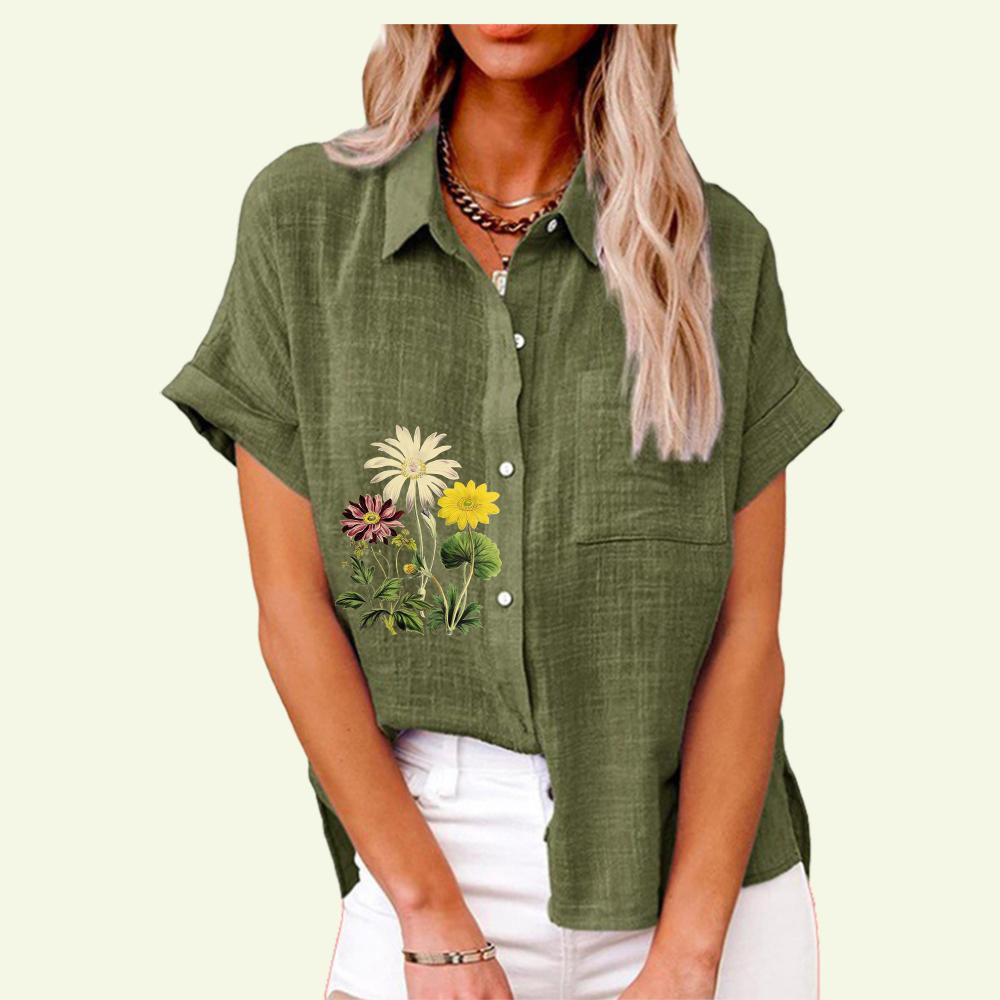 Fashion Lapel Collar Shirt for Women Summer&fall Floral Print Top with Pocket Loose Short Sleeve T-shirt Ladies Casual Linen Blouses