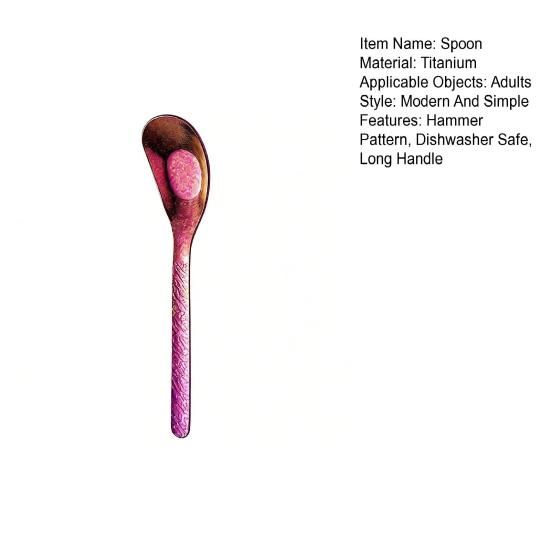 Flat Bottom Titanium Spoon Hammer Pattern Dinner Spoon Dishwasher Safe Long Handle Kitchen Soup Rice Ice Cream Dessert Spoon